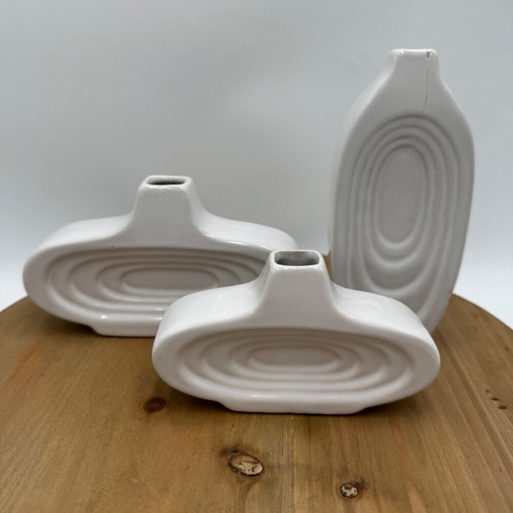3 Vintage MCM Art Deco Oval Repeating Ring Bud Vases Marked Bottom White *READ*